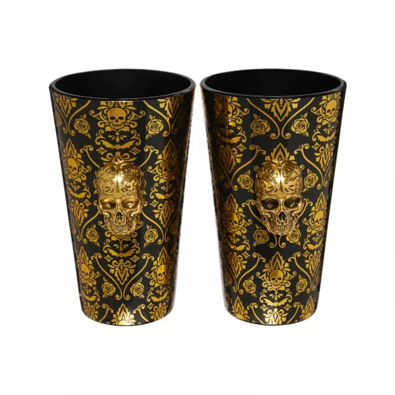 Gothic Noir Skull Glass Set 2 Pack - 16 oz. BLACK/GOLD