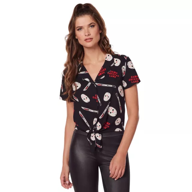Jason Voorhees Tie Front Shirt - Friday the 13th BLACK 2X