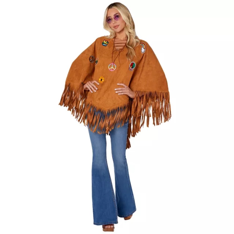 Adult Free Spirit Poncho Hippie Costume BROWN ONE SIZE FITS MOST