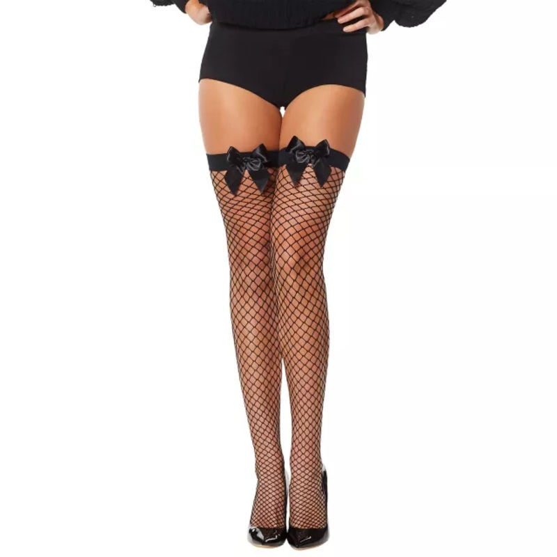 Black Bow Fishnet Thigh High Stockings BLACK ONE SIZE FITS MOST