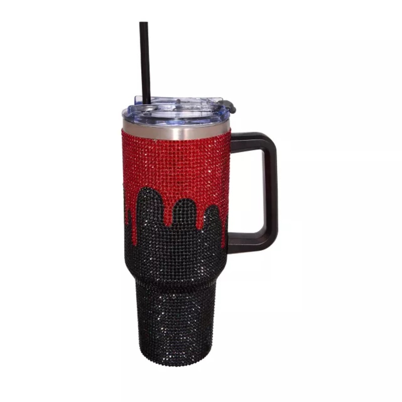 Blood Drip Rhinestone Travel Tumbler with Straw - 40 oz. BLACK AND RED 40 OUNCE