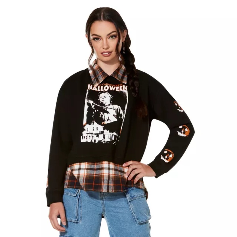 Halloween Plaid Crew Long Sleeve T Shirt BLACK AND ORANGE ADULT SMALL