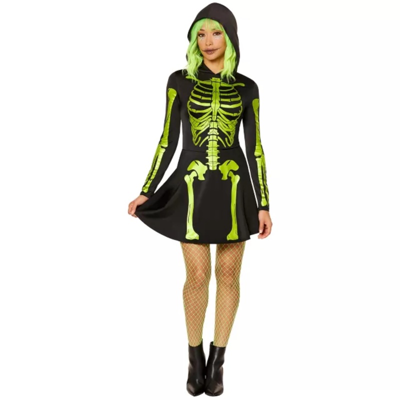 Adult Neon Green Skeleton Hooded Dress BLACK AND GREEN ADULT SMALL