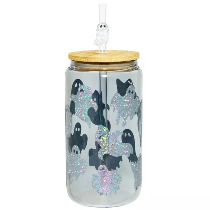 Holographic Ghost Glass Cup with Straw BLACK AND WHITE 16 OUNCE