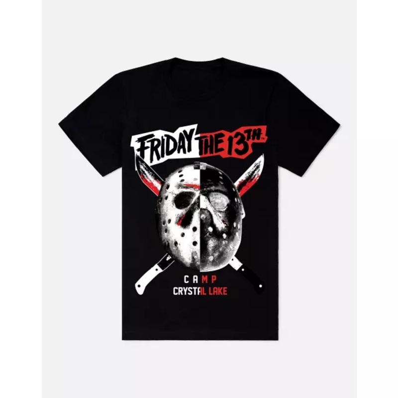 Jason Voorhees Split Mask T Shirt - Friday the 13th BLACK ADULT SMALL