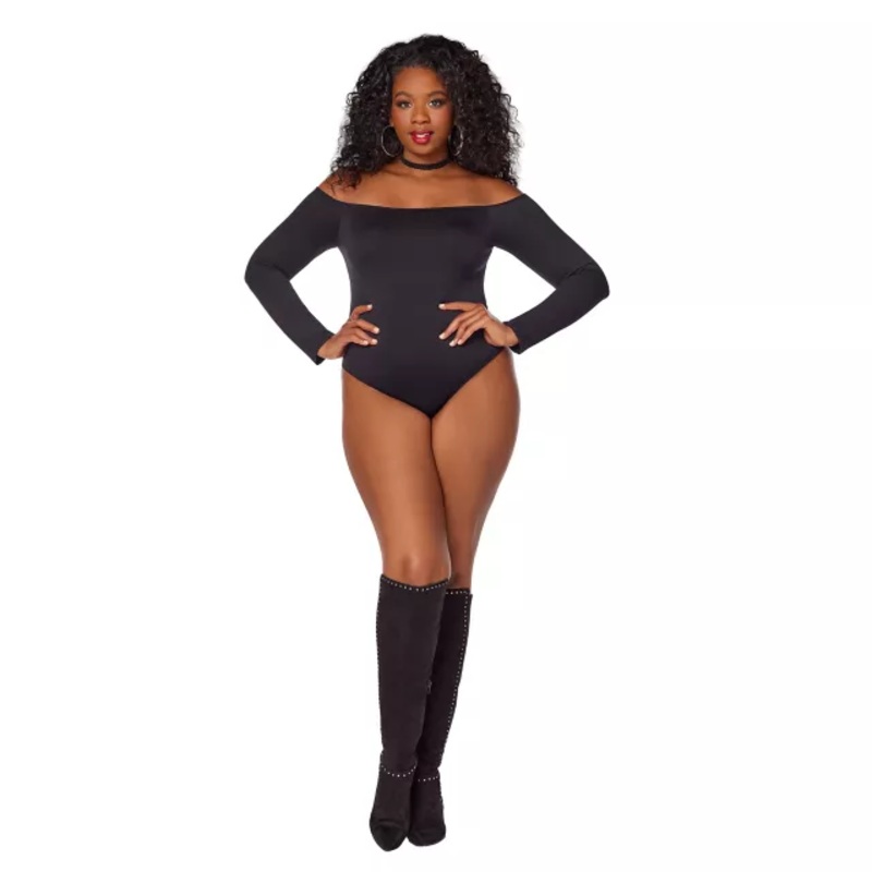 Off the Shoulder Plus Size Bodysuit BLACK 1X