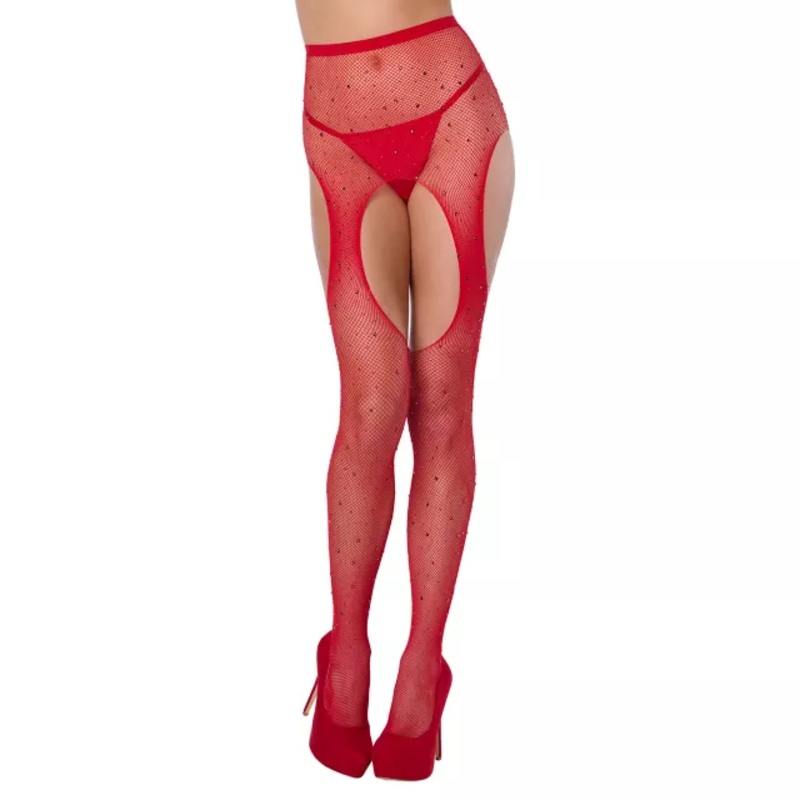 Red Rhinestone Garter Tights RED SMALL/MEDIUM