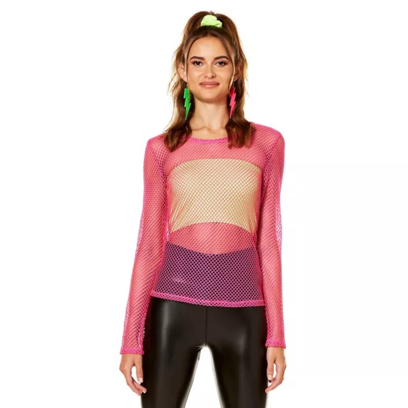 '80s Pink Long Sleeve Mesh Top PINK ADULT SMALL
