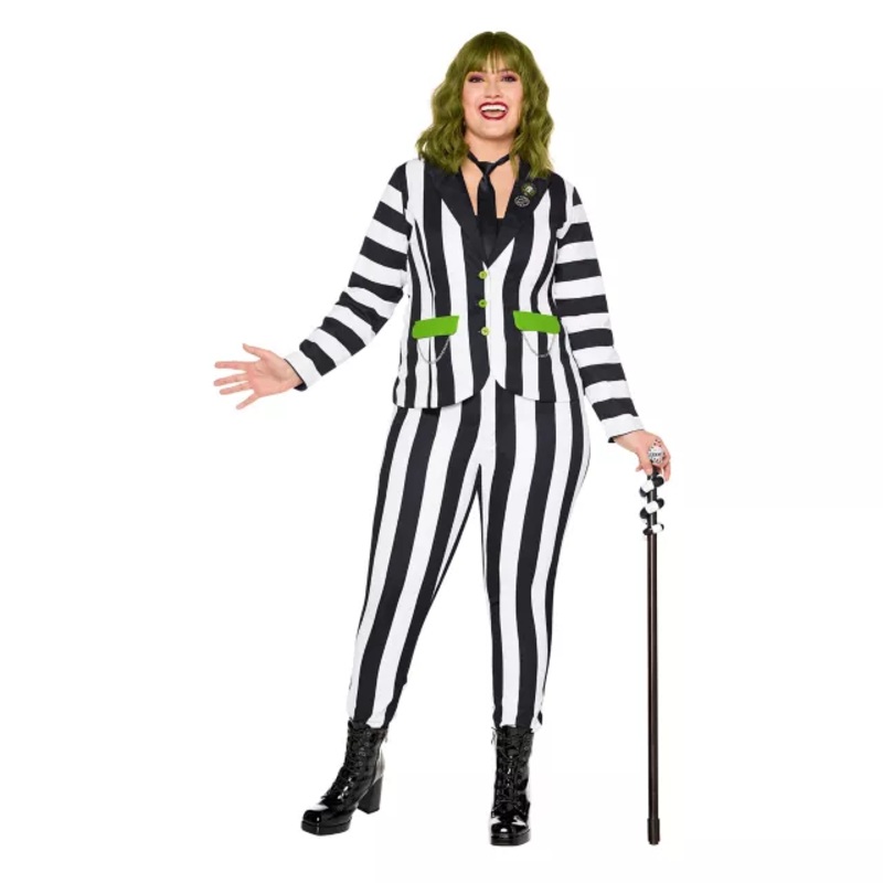 Adult Pinstripe Beetlejuice Plus Size Suit Costume BLACK AND WHITE 1X