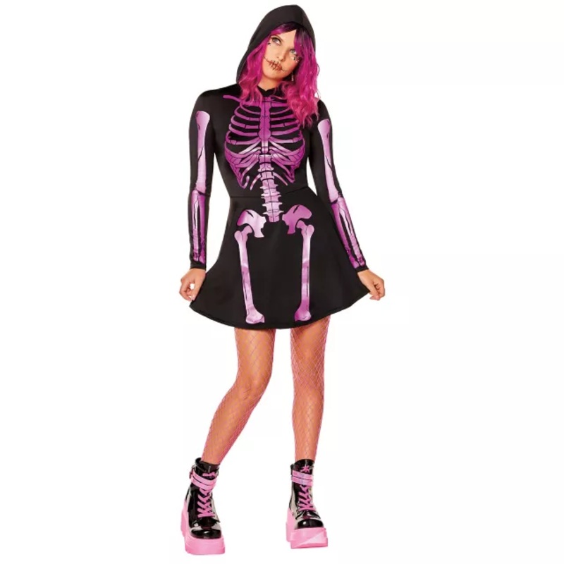 Adult Neon Pink Skeleton Hooded Dress BLACK AND PINK ADULT SMALL