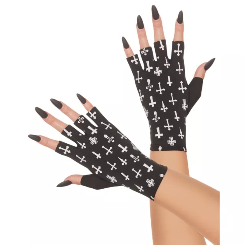 Unholy Cross Fingerless Gloves BLACK AND WHITE ONE SIZE FITS MOST