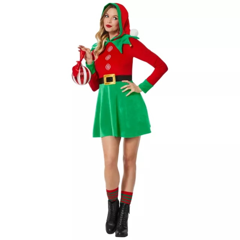Adult Hooded Elf Dress Costume RED GREEN ADULT SMALL