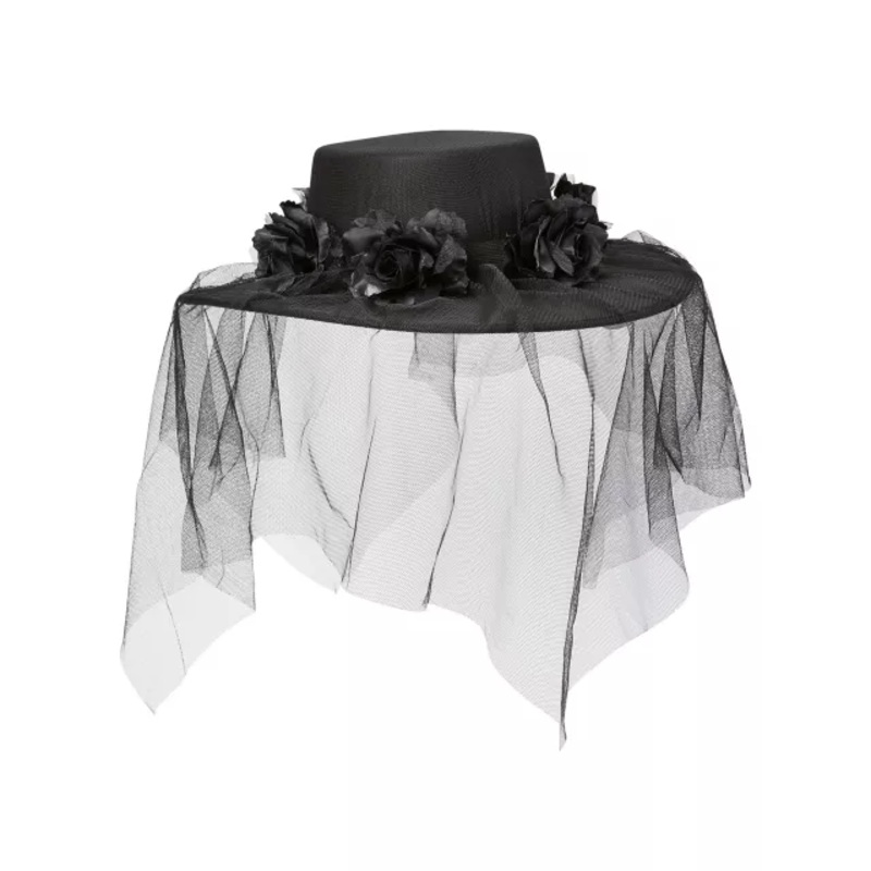 Black Veiled Day of the Dead Flower Hat BLACK ONE SIZE FITS MOST