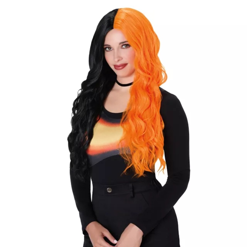 Heat Resistant Black and Orange Split Wig BLACK AND ORANGE ONE SIZE FITS MOST