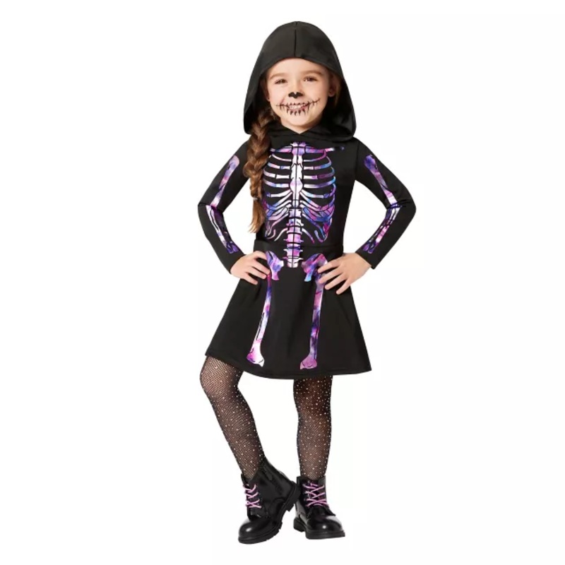 Toddler Pastel Skeleton Hooded Dress Costume BLACK AND PURPLE 2T