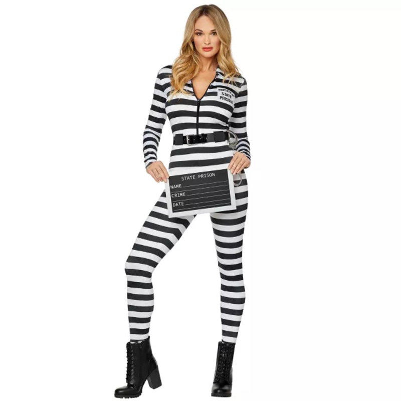 Adult Jailbird Catsuit Costume BLACK AND WHITE ADULT EX SMALL