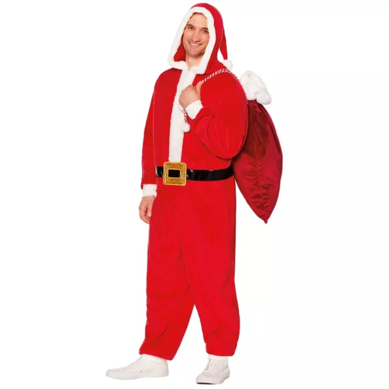 Adult Santa Hooded Jumpsuit Costume RED AND WHITE SMALL/MEDIUM