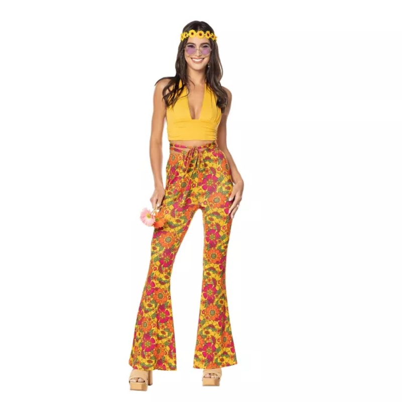 Adult Yellow Flower Bell Bottom Pants MULTI-COLOR ADULT SMALL
