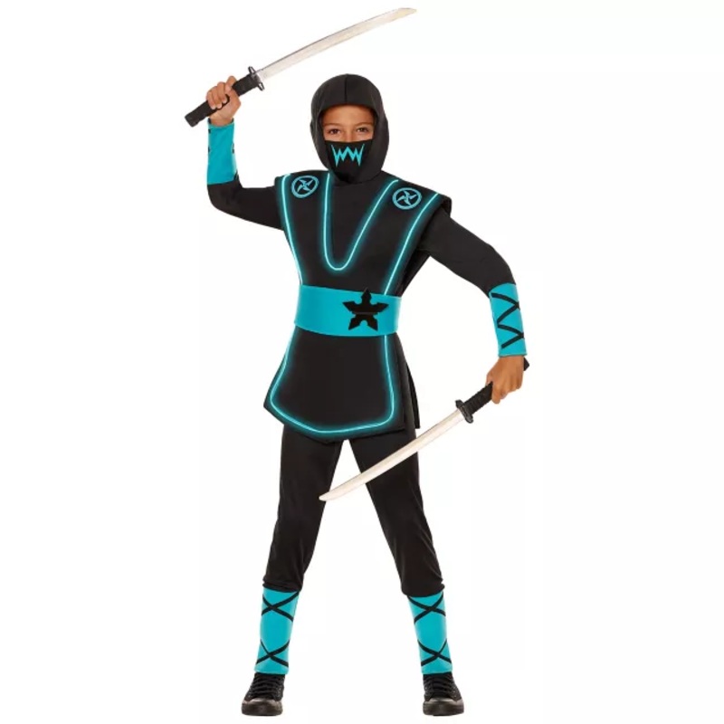 Kids Blue Light-Up EL Wire Ninja Costume BLACK AND  BLUE CHILD EXTRA SM