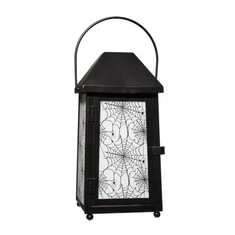 White Glass Spiderweb Lantern BLACK/GRAY 11 INCHES