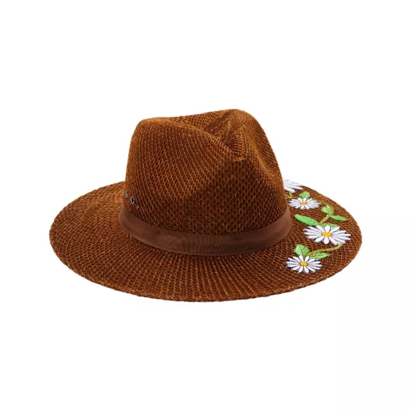 '60s Flower Embroidered Hippie Hat BROWN ONE SIZE FITS MOST