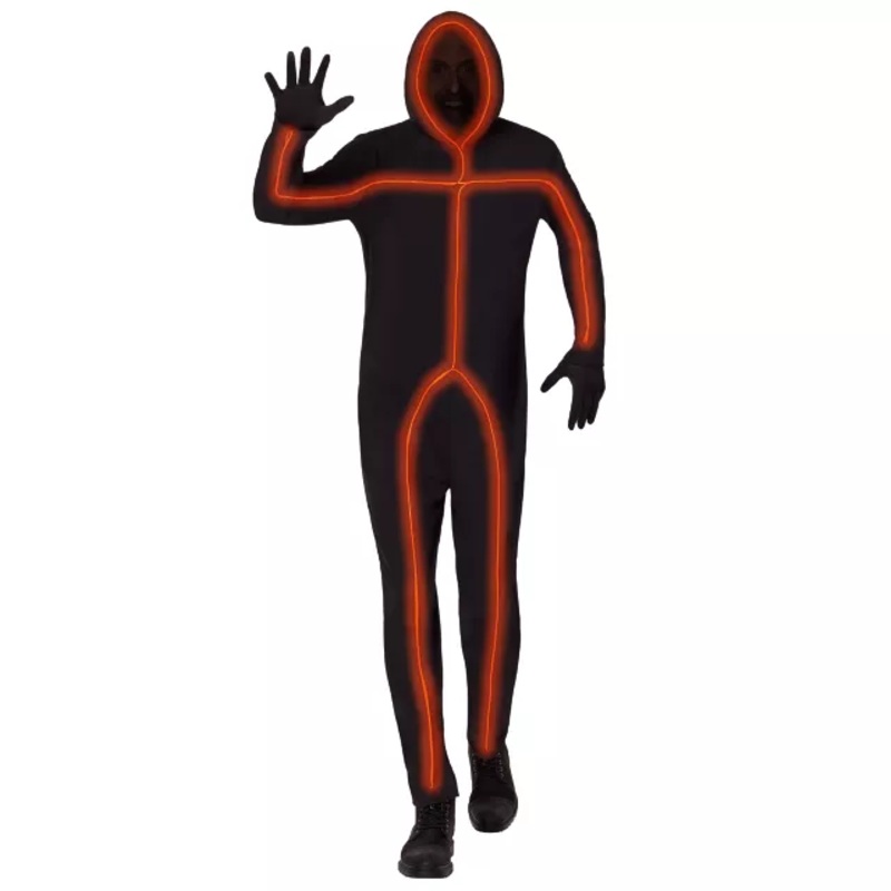 Adult Light-Up EL Wire Orange Stick Figure Costume BLACK ADULT SMALL