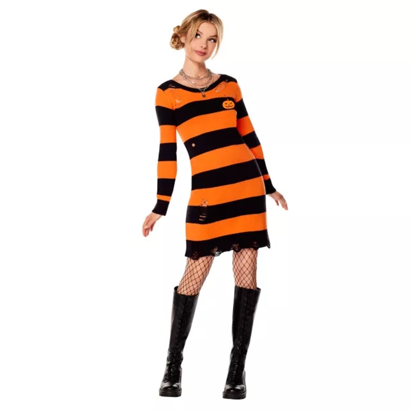 Adult Pumpkin Sweater Dress BLACK AND ORANGE ADULT SMALL