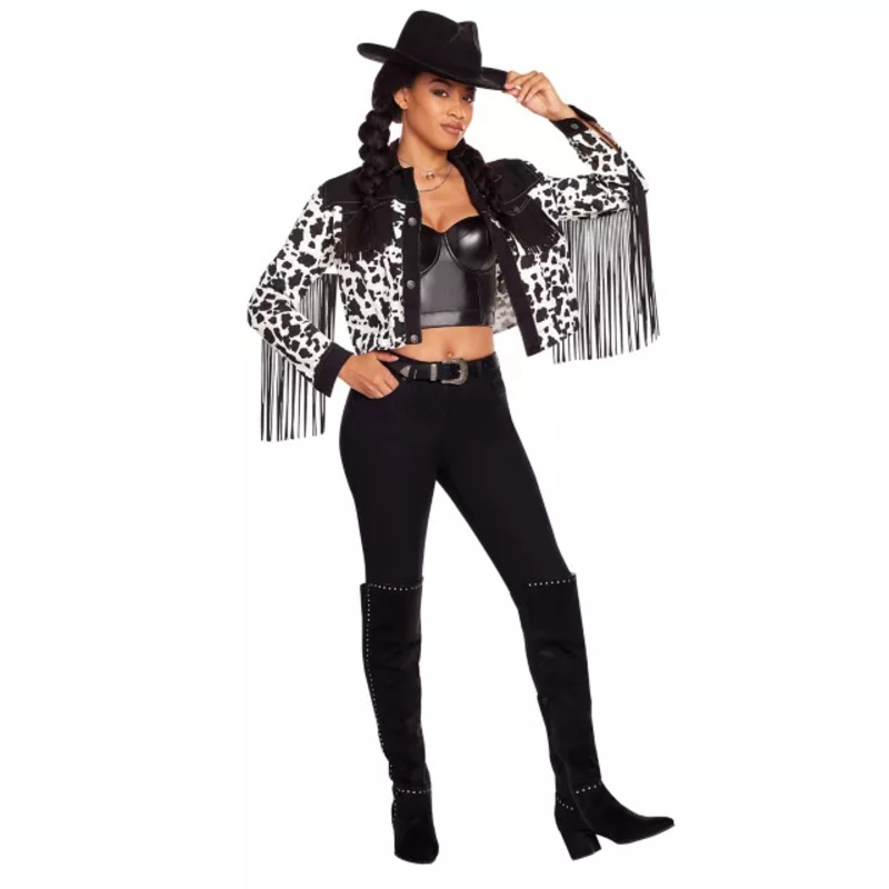 Adult Western Cow Print Fringe Jacket BLACK AND WHITE ADULT SMALL
