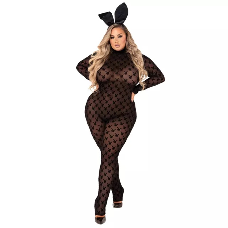 Adult Sheer Bunny Plus Size Bodysuit - Playboy BLACK 1X
