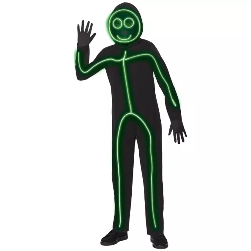 Kids Light-Up EL Wire Green Stick Figure Costume BLACK CHILD SMALL