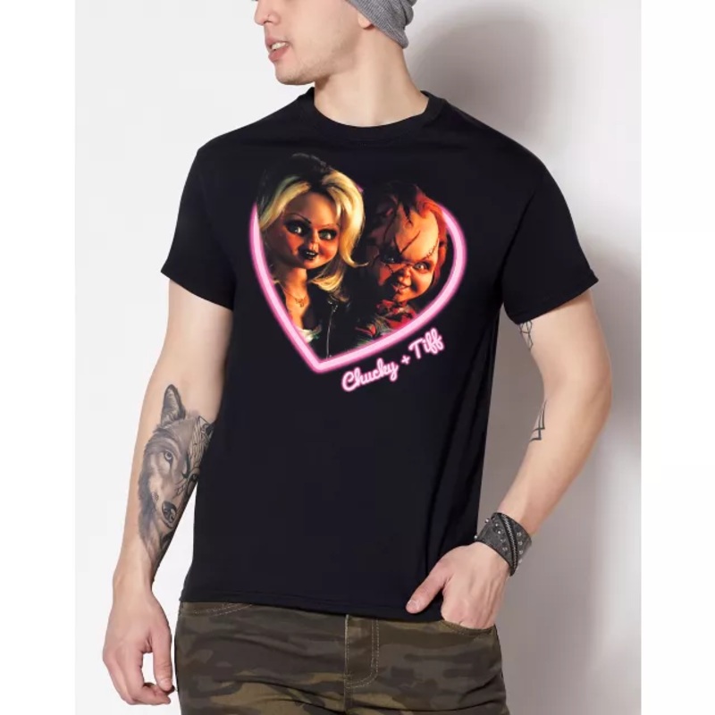 Heart Chucky and Tiffany T Shirt BLACK ADULT SMALL
