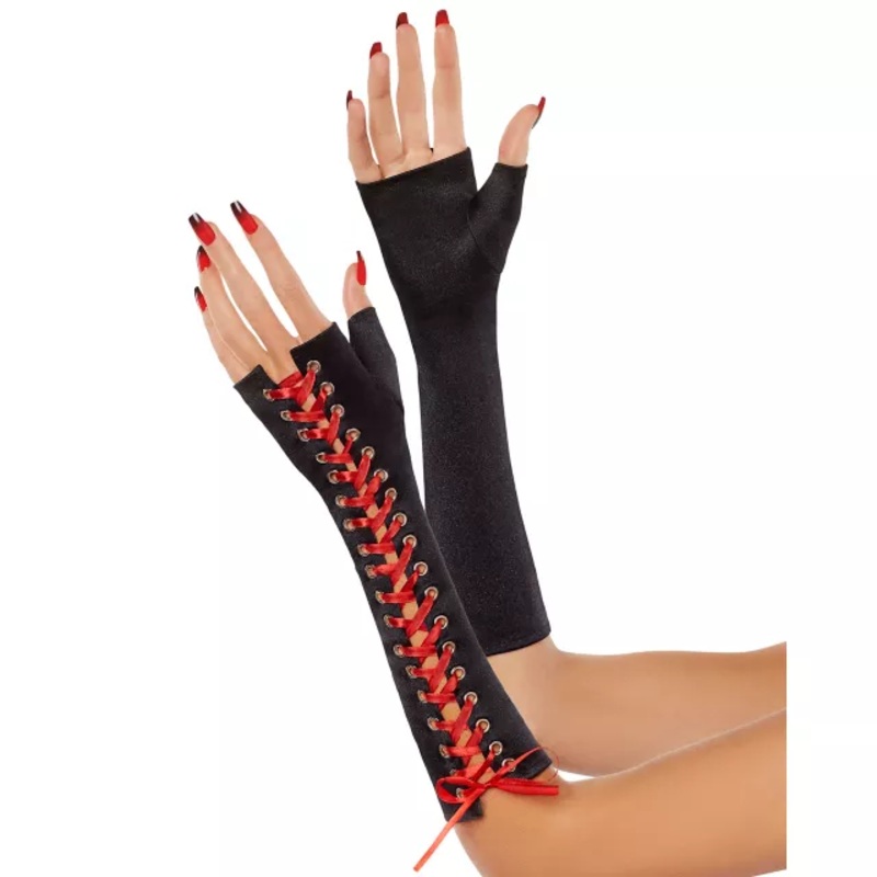 Black and Red Lace Up Gloves BLACK AND RED ONE SIZE FITS MOST