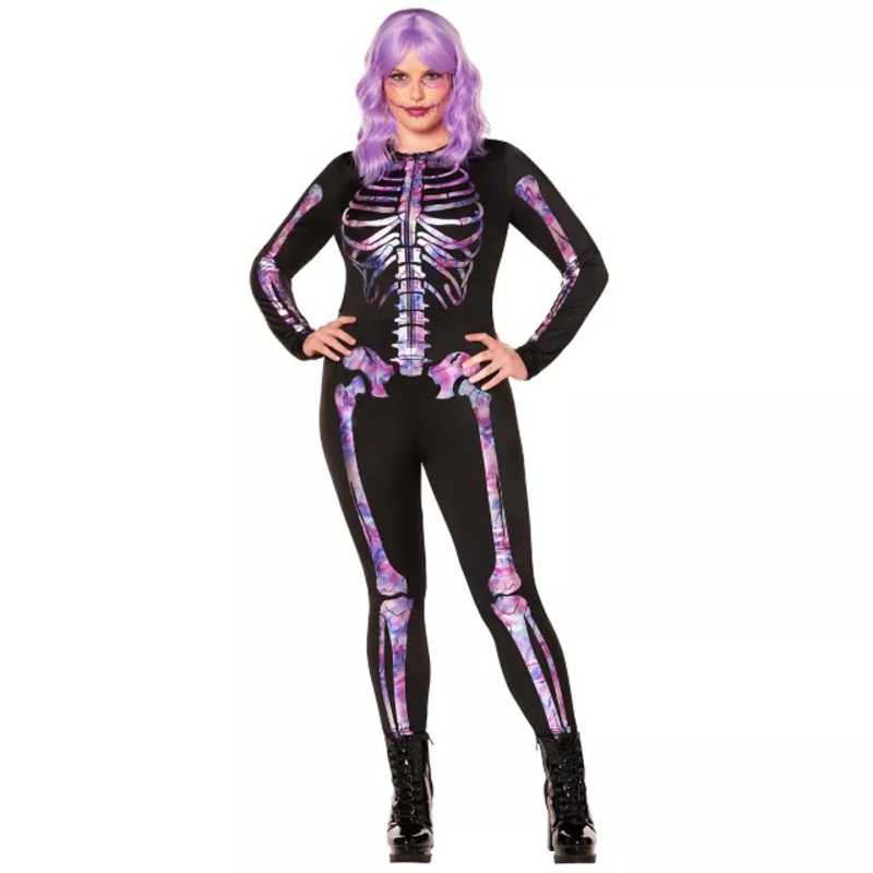 Adult Neon Skeleton Catsuit BLACK AND PURPLE ADULT SMALL