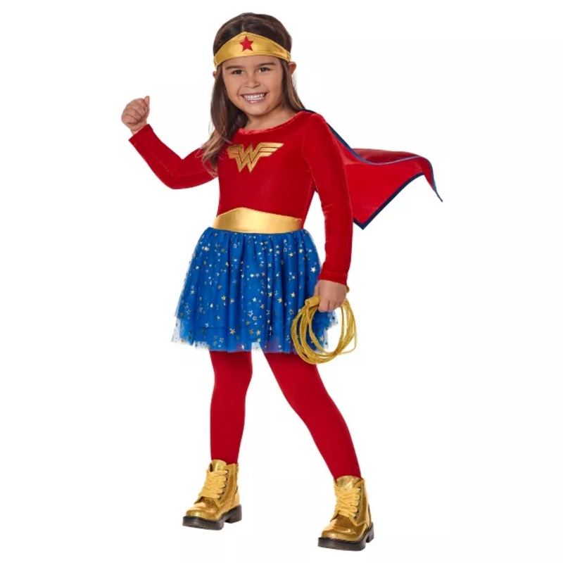 Toddler Long Sleeve  Wonder Woman Dress Costume - DC Comics RED / BLUE 2T