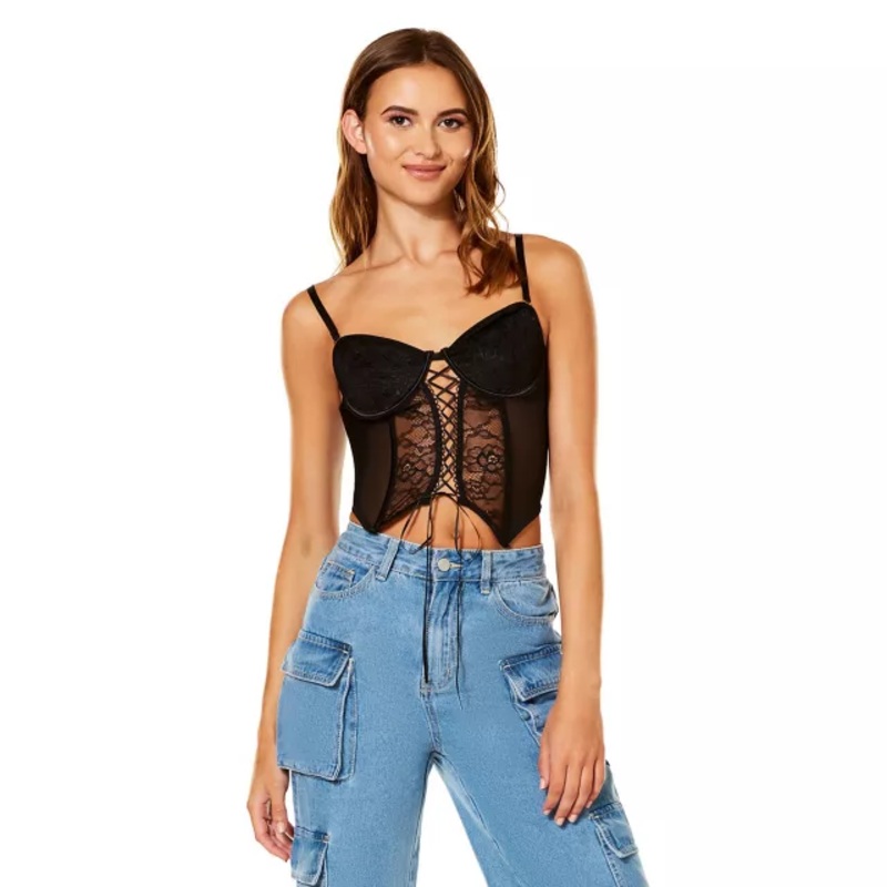 Black Floral Lace-Up Corset Top BLACK ADULT SMALL