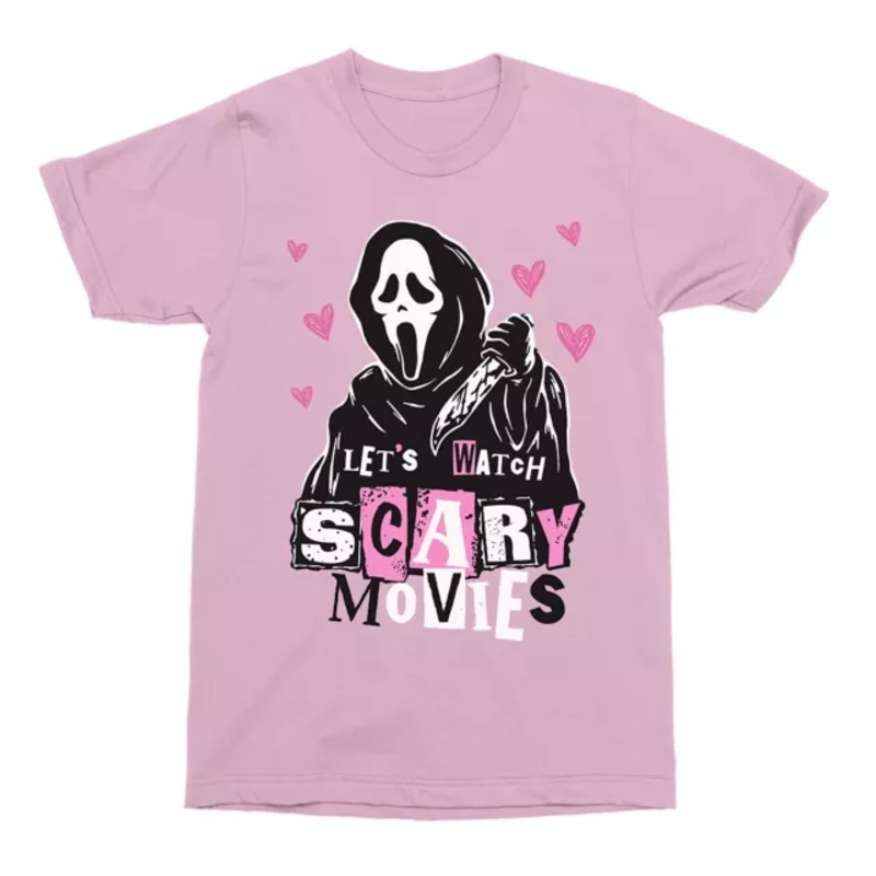 Pink Ghost Face Let's Watch Scary Movies T Shirt PINK ADULT SMALL