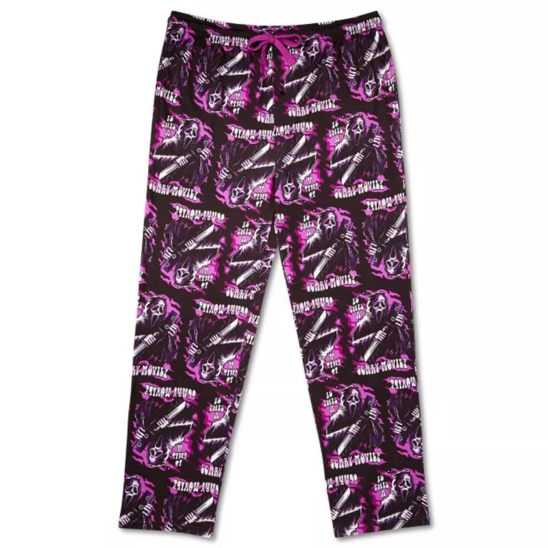 Pink Ghost Face Flaming Lounge Pants BLACK ADULT SMALL