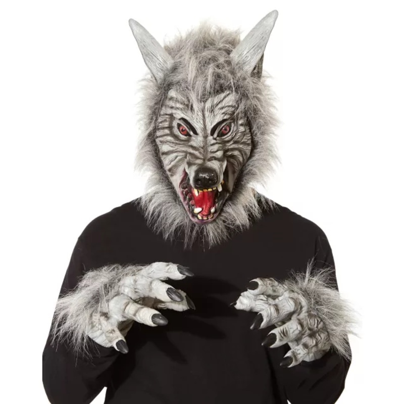 Grey Faux Fur Wolf Full Mask with Hands GRAY ONE SIZE FITS MOST