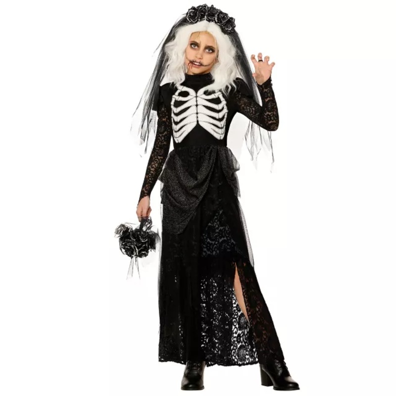 Kids Zombie Skeleton Bride Costume BLACK AND WHITE CHILD SMALL