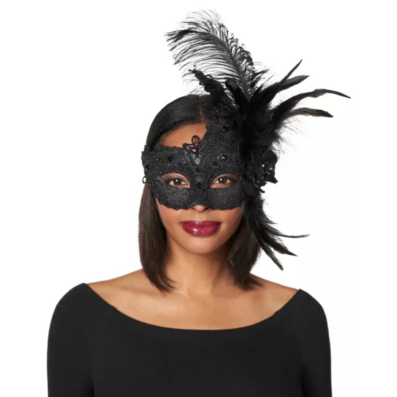 Black Sparkle Feather Eye Mask BLACK ONE SIZE FITS MOST