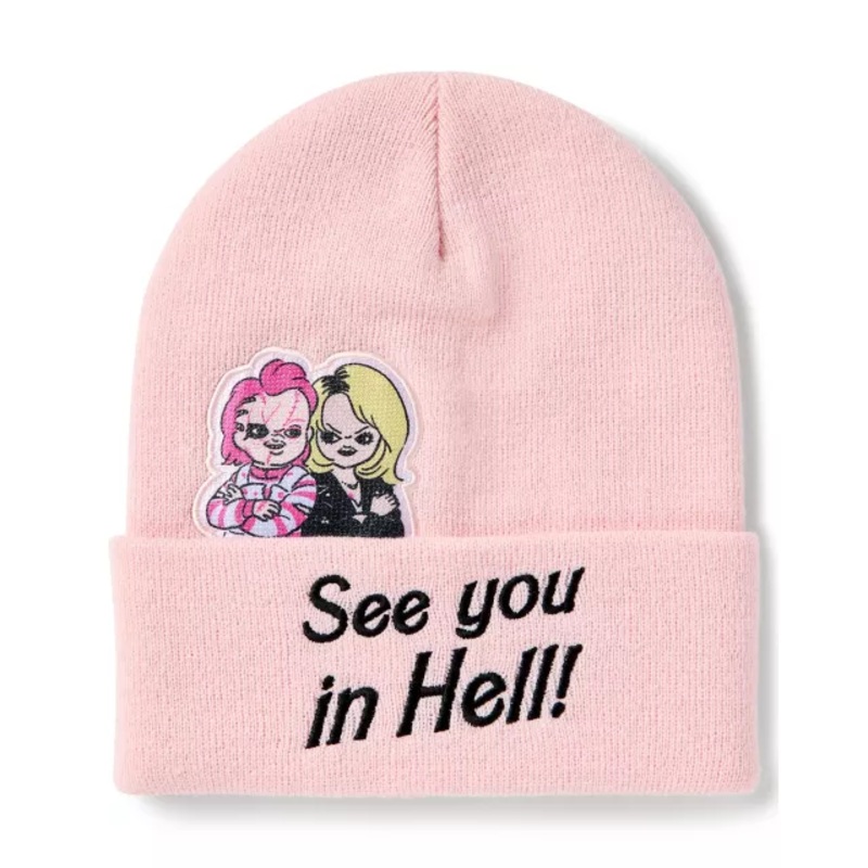 Chucky and Tiffany See You In Hell Cuff Beanie Hat PINK ONE SIZE FITS MOST