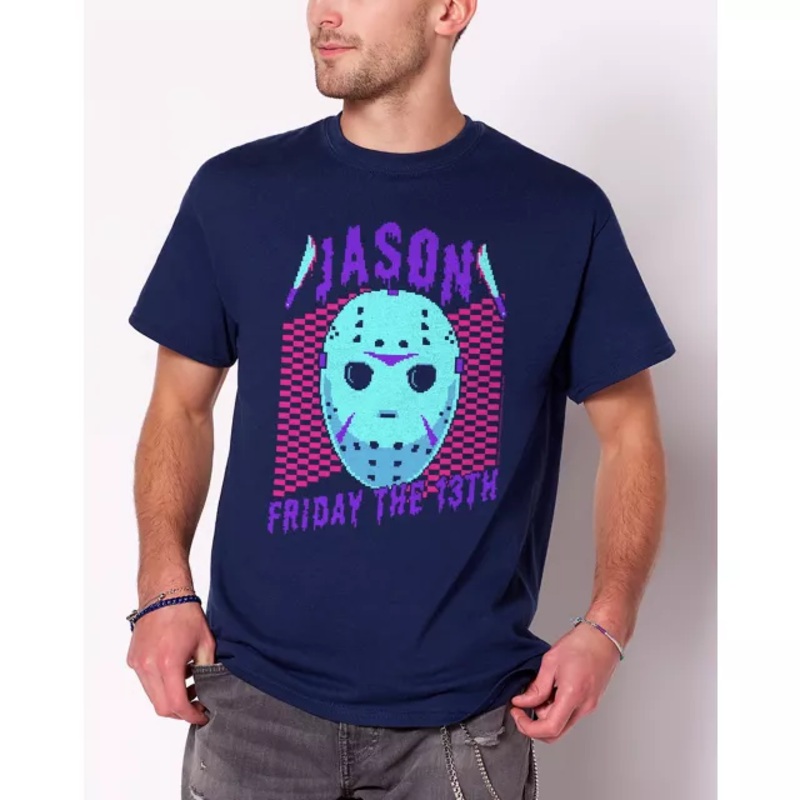 Game Over Jason Voorhees Mask T Shirt - Friday the 13th NAVY ADULT SMALL