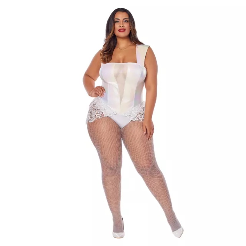White Faux Leather Lace Plus Size Bodysuit WHITE 1X
