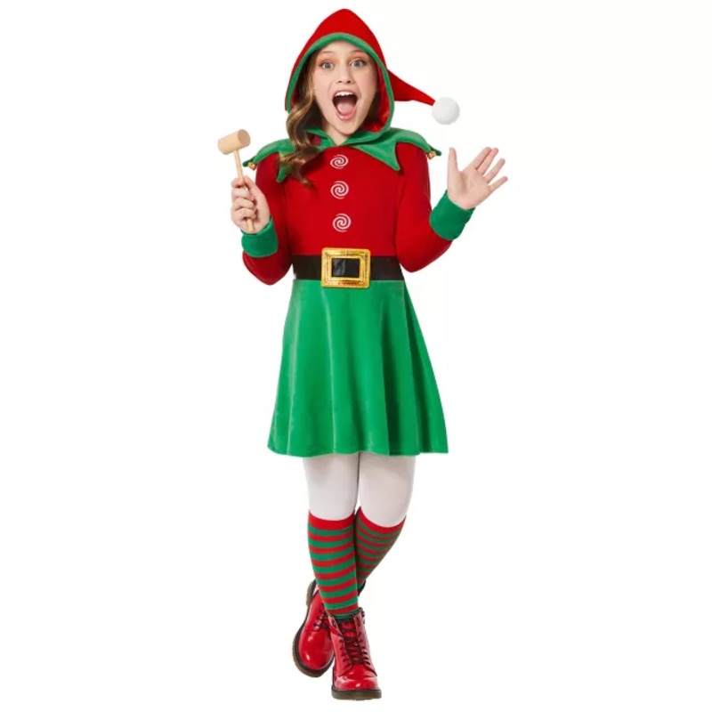 Kids Elf Hooded Dress Costume RED GREEN CHILD SMALL