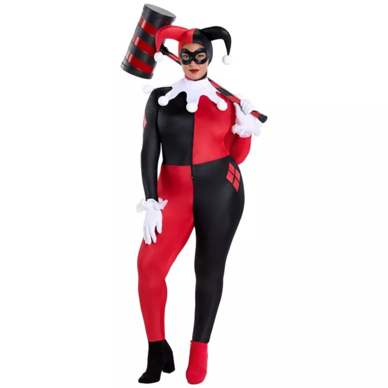 Adult Harley Quinn Plus Size Catsuit Costume - DC Villains BLACK AND RED 1X