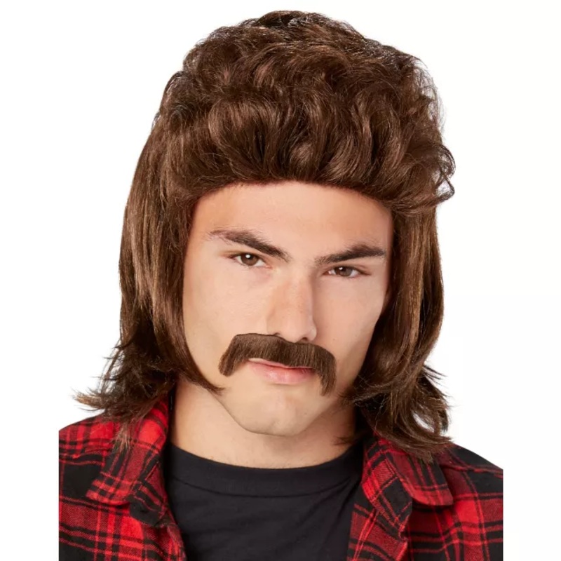 Brown Mullet Wig With Mustache BROWN ONE SIZE FITS MOST