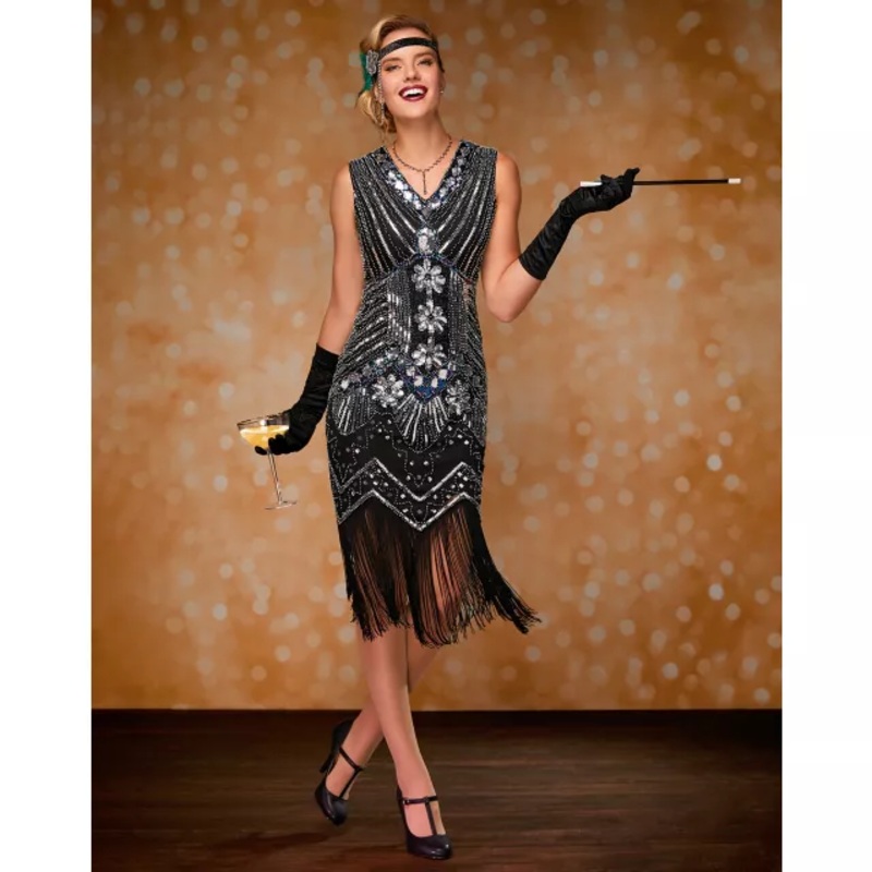 Adult Black Beaded Flapper Dress BLACK ADULT SMALL