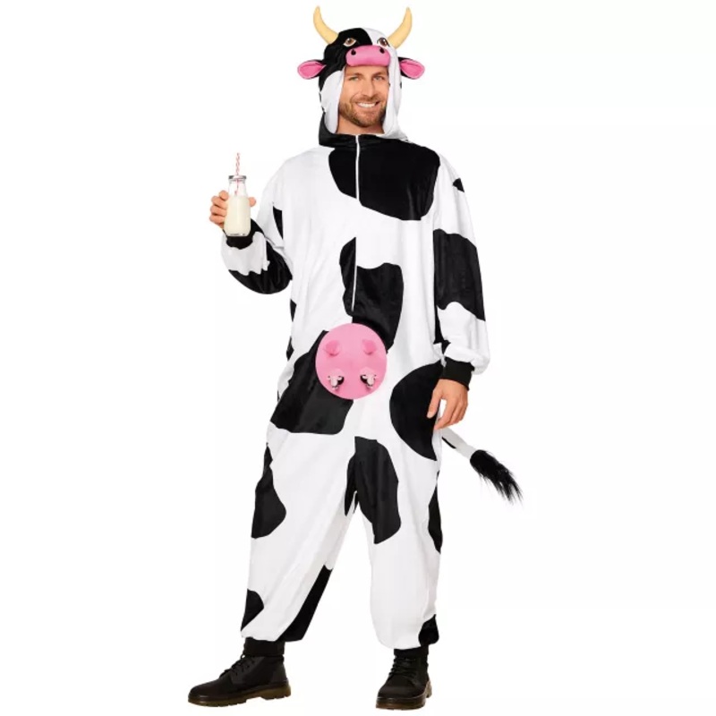 Adult Udderly Awesome Cow Jumpsuit Costume BLACK AND WHITE ONE SIZE FITS MOST