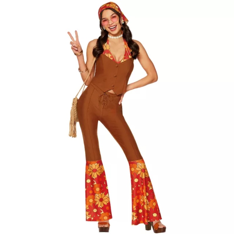 Adult Flower Power 60s Costume BROWN ADULT EX SMALL