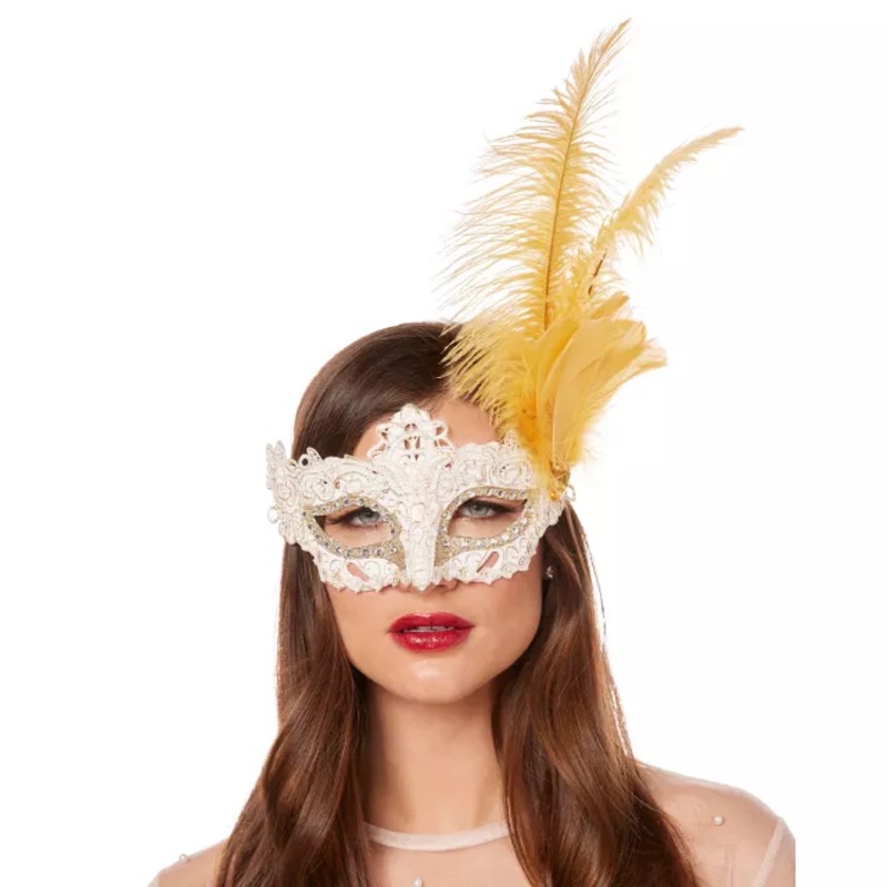 Gold Feather and Lace Eye Half Mask GOLD AND WHITE ONE SIZE FITS MOST